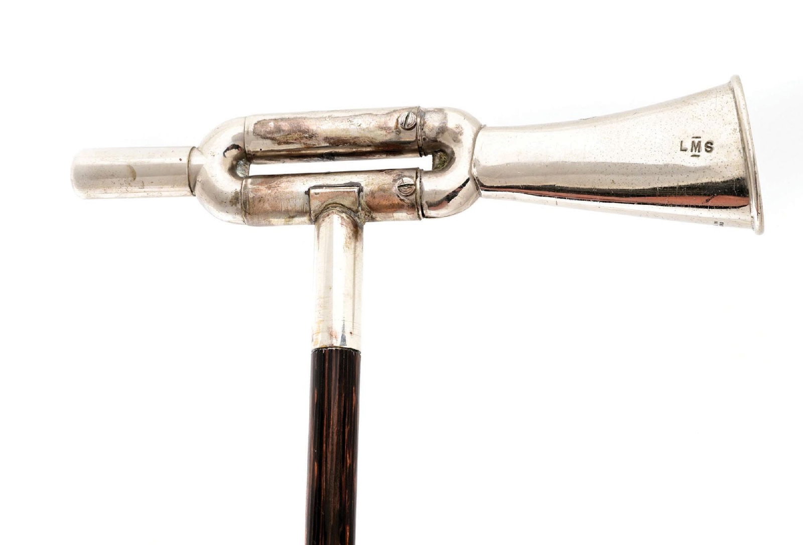 ANTIQUE ENGLISH MADE TRUMPET HANDLE WALKING STICK W/ WOOD SHAFT - 3