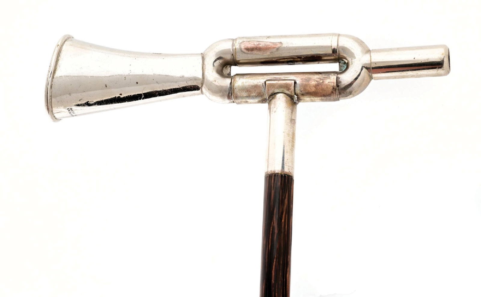ANTIQUE ENGLISH MADE TRUMPET HANDLE WALKING STICK W/ WOOD SHAFT - 4