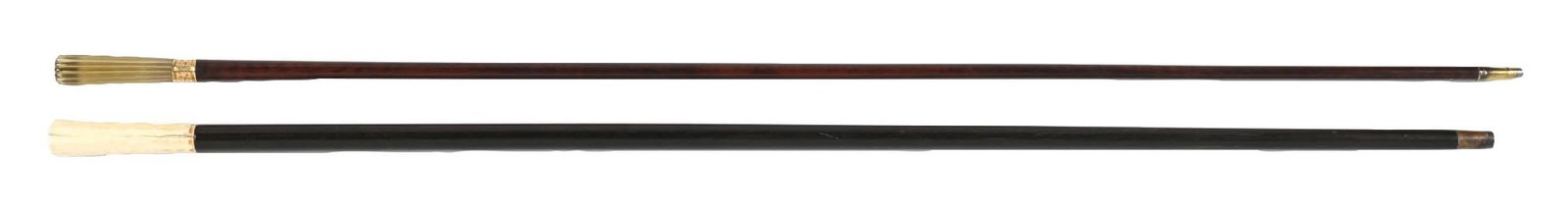 COLLECTION OF 2: CITRINE DRESS CANE & SWORD CANE: (A) C. 1850s. A stunning European dress cane featuring a straight, slightly tapering citrine handle engraved with vertical facet decoration. The handle is mounted above a finely chased fire-gilt