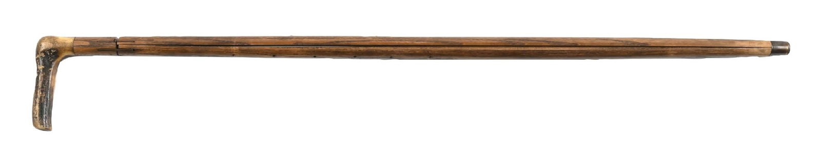 PAINTER'S EASEL CANE: C. 1890. A rare painter’s easel cane featuring an “L”-form staghorn handle mounted on a chestnut shaft. The cane is designed as a concealed artist’s easel, with the ferrule and