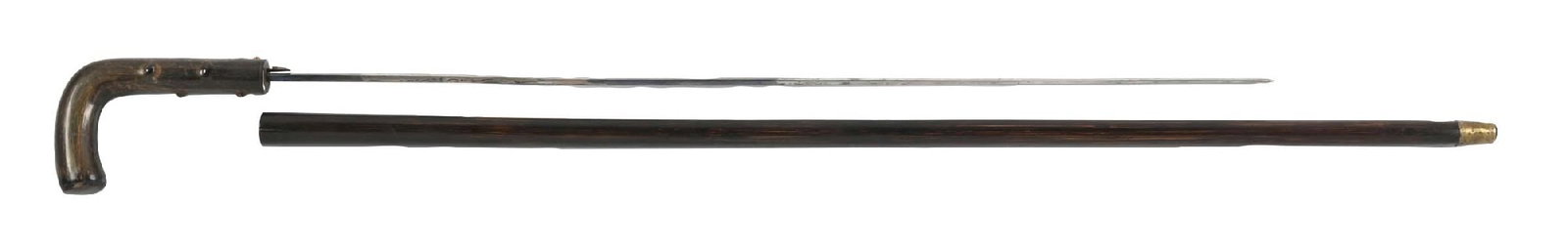 DARK HOM SWORD WITH 24" 4- SIDED ETCHED BLADE CANE: C. 1875. A fine cane featuring a richly colored hom handle and a push-button locking mechanism that releases a long, four-sided etched blade. The cane is fitted with a mahogany shaft and a 1-inch bras