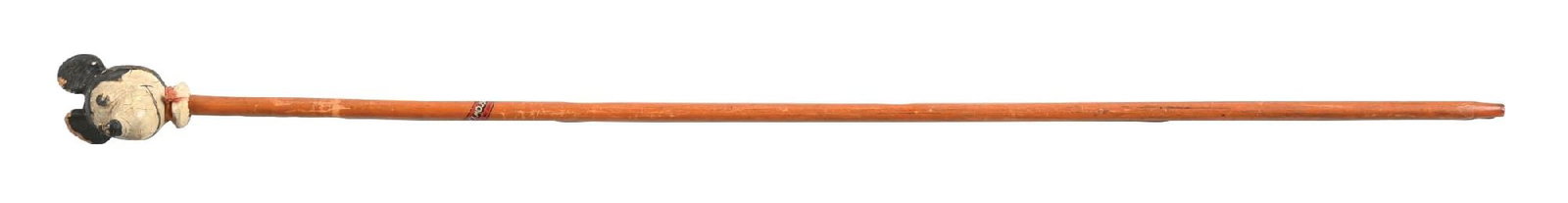 MICKEY MOUSE HEAD CANE: C. 1930s–1940s. A Walt Disney licensed carnival cane featuring a carved and painted Mickey Mouse head handle. The handle retains its original painted surface with age-appropriate wear and paint