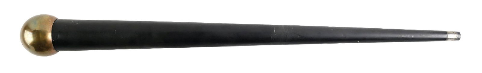 COLLECTION OF 9: VARIOUS VINTAGE WALKING STICK CANES IN METAL HOLDER: C. 1880–1910. Multi-cane carrier walking stick featuring a large spherical brass screw-top handle and hollow shaft designed to house multiple slender walking canes. Interior contains several lig