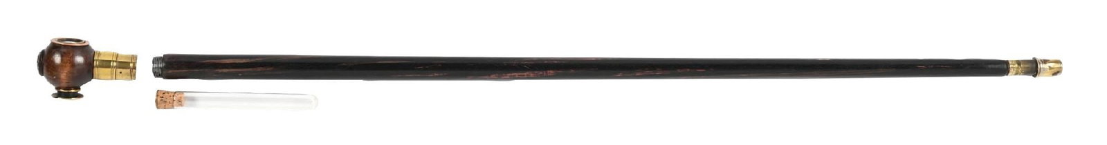 NATURALIST CANE: C. 1800s. Naturalist's Cane A Field magnifier is built into the knob, which unscrews to reveal a collecting vial: inside the bottom ferrule is a small knife. Some surface scratching but overall in