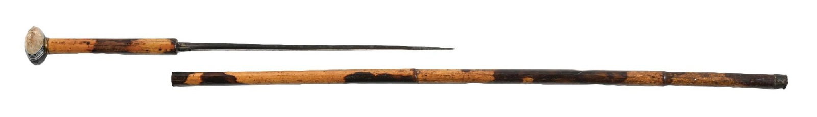 ANTIQUE AGATE SWORD CANE WITH BAMBOO SHAFT: C. 1900s. A striking banded agate sword cane featuring dramatic black and white striping, complemented by a faceted citrine quartz section. The bamboo shaft displays a “camouflaged”
