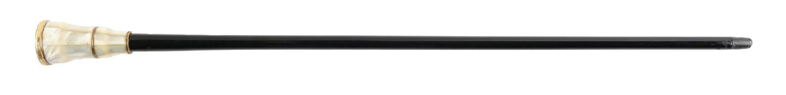 ANTIQUE WALKING STICK CANE WITH EBONY SHAFT AND MOTHER-OF-PEARL FLORAL ENAMEL BLUSH COMPACT KNOB (1 of 7)