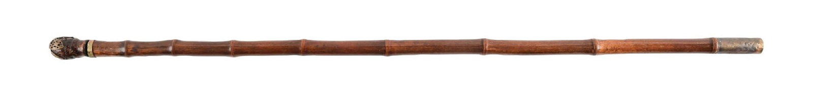 MORTUARY MEASURE CANE: C. 1880–1910. Mortuary or undertaker’s measuring cane with carved handle and bamboo shaft, concealing an extending measuring rod used for coffin sizing. Decorative brass mount at handle. V