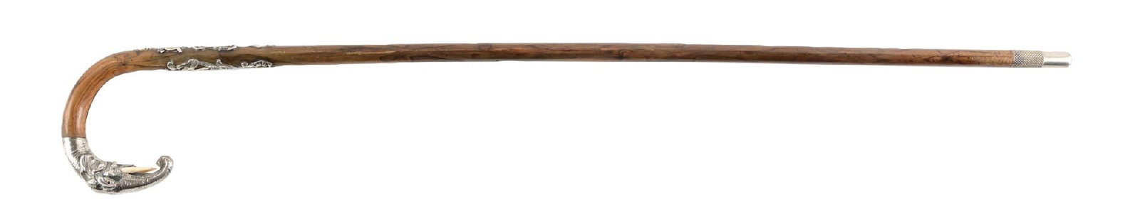WALKING CANE WITH SILVER ELEPHANT HEAD W/ IVORY TUSKS HANDLE AND WOOD SHAFT (1 of 8)
