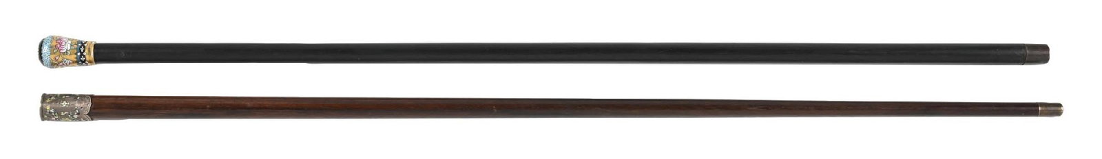 COLLECTION OF 2: ENAMEL TOPPED CANE & ENGLISH ENAMEL BRIGG CANE: (A) C. 1890. A wooden walking stick with an enameled floral button, fading on the gold-toned gilt, a few patches of mildly missing enamel, with a metal ferrule. Length: 35”. (B) C. 1850s-1890s. 