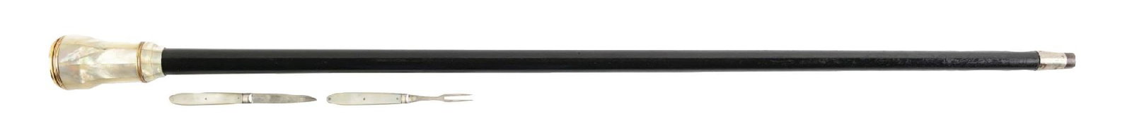 ANTIQUE PICNIC GADGET CANE WITH DARK SHAFT AND MOTHER-OF-PEARL HANDLE WITH INLAY TOP: C. 1890–1915. Multi-tool dining or picnic gadget walking cane with screw-top handle opening to reveal folding knife and two-tined fork with mother-of-pearl handles and sterling silver blades. Ex