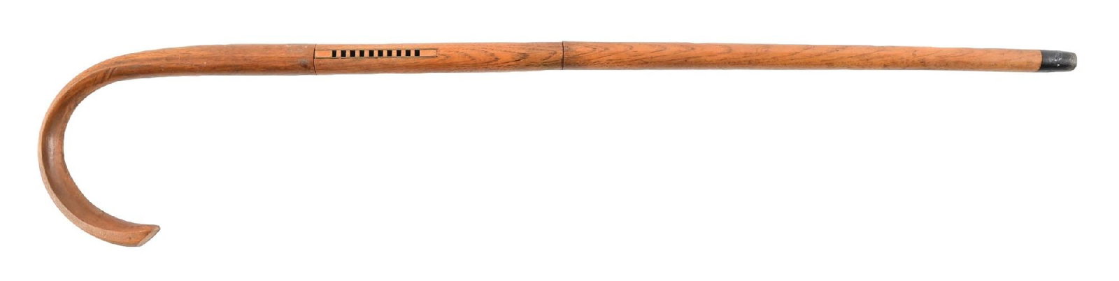 ANTIQUE COMBINATION HARMONICA FLUTE GADGET WALKING STICK CANE WITH WOOD SCREWED SHAFT: C. 1890–1910. Musical flute and harmonica walking cane with carved crook-form wooden handle and hardwood shaft. Cane separates to reveal an internal metal flute marked “Clarke London”