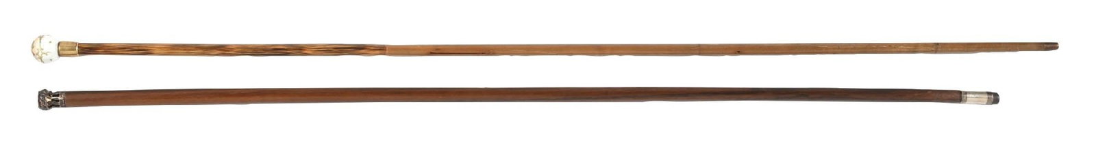 COLLECTION OF 2: SMOKY QUARTZ DRESS CANE & PORCELAIN DRESS CANE: (A) C. 1900. A stunning smoky quartz dress cane featuring a fully faceted gemstone mounted in an ornate silver diminutive handle. The cane is fitted to a rosewood shaft and terminates with a bi-metal