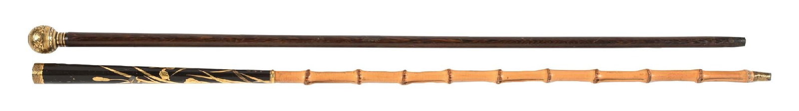 COLLECTION OF 2: GOLD-TOPPED CANE & NUNOME-STYLE CANE: (A) C. 1800s. A rosewood cane with gold inlaid handle, missing ferrule. Minor scratches but overall in great condition. 34" Length. (B) C. 1890. A bamboo cane topped with a gold and silver inlaid