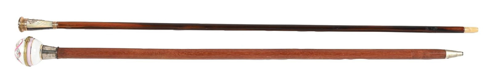 COLLECTION OF 2: PORCELAIN COMPARTMENT CANE & FANCY DRESS CANE: (A) C. 1900-1930. A fantastic porcelain compartment cane featuring a floral painted porcelain ball handle with a .800 silver marked collar. The cane is mounted on a hardwood shaft and terminates with