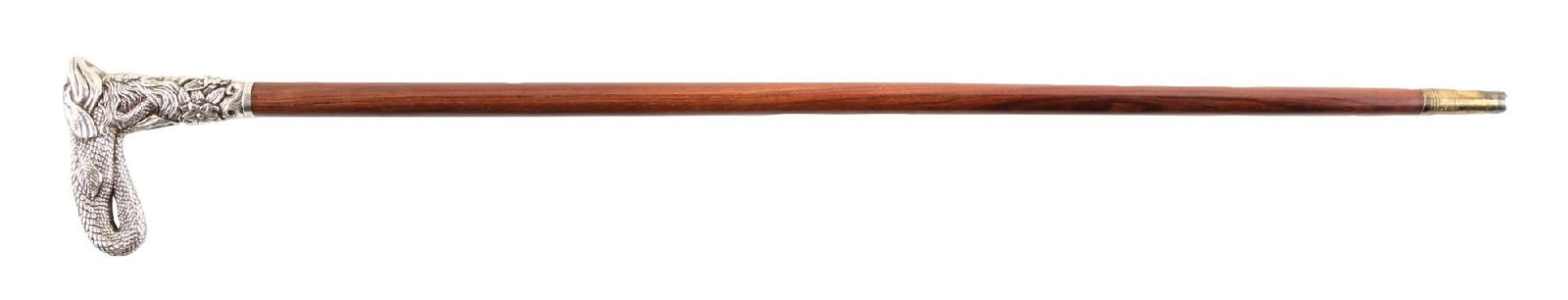 ANTIQUE WALKING CANE W/STERLING ASIAN FISH HANDLE AND HARDWOOD SHAFT: C. 1890–1910. Figural sterling silver fish-head handled walking cane with naturalistic scale and gill detail, extending into a decorative floral and scroll mount and glass eyes. Marked STERLING 