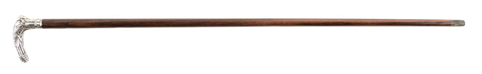 ANTIQUE WOODEN WALKING CANE W/ SILVER INTRICATELY DECORATED CHERUB HANDLE: C.1890–1910. Figural walking cane featuring a sterling silver cherub head handle with pronounced Rococo-style scrollwork and foliate decoration forming the crook grip. Mounted to a polished hard