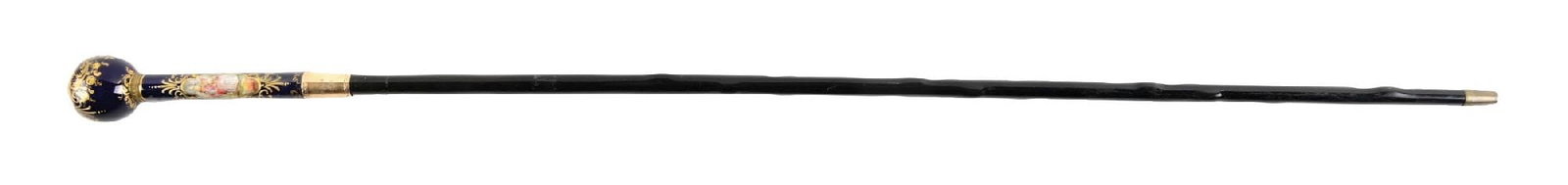 WALKING STICK WITH COBALT BLUE GILDED PORCELAIN KNOB W/ COURTING SCENE AND DARK WOOD SHAFT: C. 1880–1910. Porcelain ball-top walking cane with cobalt blue ground, gilt decoration, and hand-painted romantic figural panels in Rococo revival style. Matching decorated porcelain shaft with 
