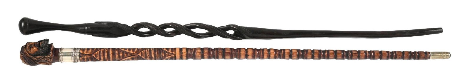 COLECTION OF 2: ROSEWOOD CANE & CIGAR LIGHTER SYSTEM STICK: (A) C. 1850–1890. A finely carved rosewood cane featuring an intricate decorative pattern, most notably the open twisting along the upper third of the shaft incorporating a carved snake motif. T