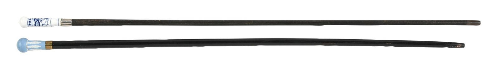 COLLECTION OF 2: MEISSEN PORCELAIN CANE & WEDGEWOOD JASPERWARE PORCELAIN CANE: (A) C. 1900s–1930s German cane featuring a straight white porcelain handle decorated in cobalt blue with the classic Zwiebelmuster (onion pattern). The cane is mounted on a fruitwood shaft with 