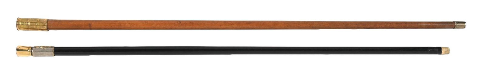 COLLECTION OF 2: OIL OF CATCHEMENS CANE & FUNCTIONAL CANE: (A) C. 1800s. A Christian priest’s oil cane featuring a beech wood shaft with brass vessels labeled in Latin for holy oils (including Oleum Catechumenorum, Sanctum Chrisma, and Oleum Infirmorum)