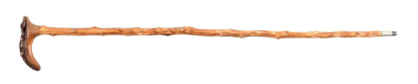 ANTIQUE FREE-FORM WOOD WALKING CANE WITH CARVED ALLIGATOR HANDLE: C. 1890–1920. Black Forest carved walking cane featuring a finely carved alligator head handle with detailed scale work, elongated snout, and textured back. The hardwood handle is mounted to a