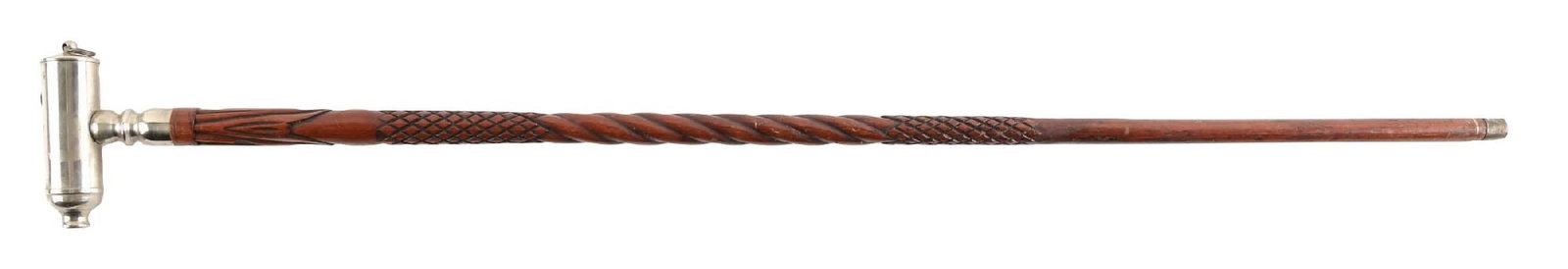 ANTIQUE POLISHED METAL GADGET CANE WITH FANCY CUT ROSEWOOD SHAFT: C. 1880–1910. Barrel whistle gadget walking cane featuring a large cylindrical mechanical whistle mounted as the handle, with carved hardwood shaft and silver-toned metal fittings. Very good