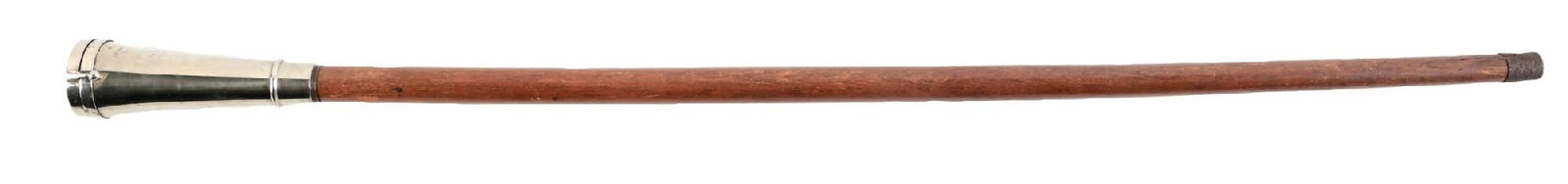 FRENCH INITIALLED "J. HARAN DEPOSE" WALKING STICK WITH WOOD SHAFT: C. 1890–1910. French drinking cane featuring a silver-tone metal handle with hinged lid opening to reveal a removable drinking cup and internal flask compartment. The top is stamped “J.