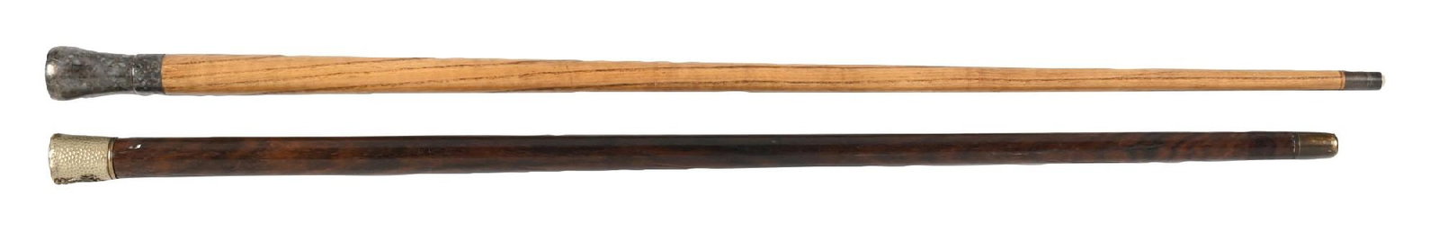 COLLECTION OF 2: HEAVY DRESS CANE & BILLIARD'S CANE: (A) C. 1900s cane featuring a heavy silver-toned metal knob with a relief of an owl on the top. The cane is mounted on a heavy, light-colored wooden shaft and terminates with a metal ferrule. The meta