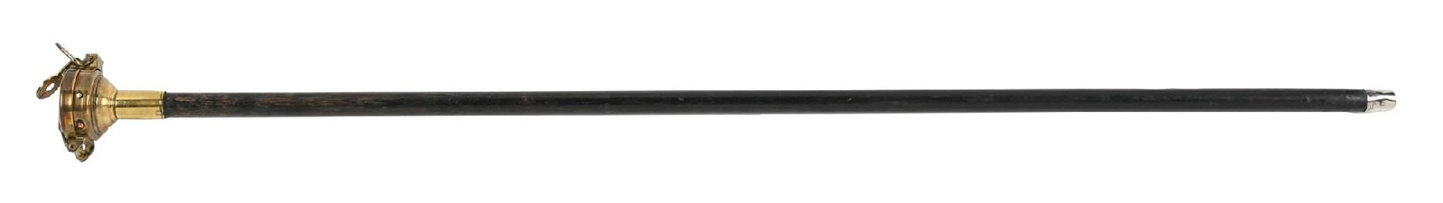 MAPPING GADGET CANE: C. 1800s. A charming Manning, Comanes compass gadget cane, featuring a cane-pressed wooden shaft and a metal ferrule. The handle is formed as a hinged brass case housing a mapping compass. These