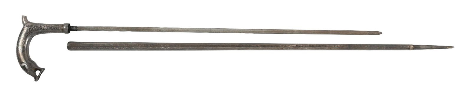ANTIQUE SILVERED WALKING STICK SWORD CANE: C. 1900s. A fantastic metal Bidriware-style silver sword cane made in India. The handle formed as a badger head over the tapered walking stick, the handle unscrewing to reveal a 27" sword blade.