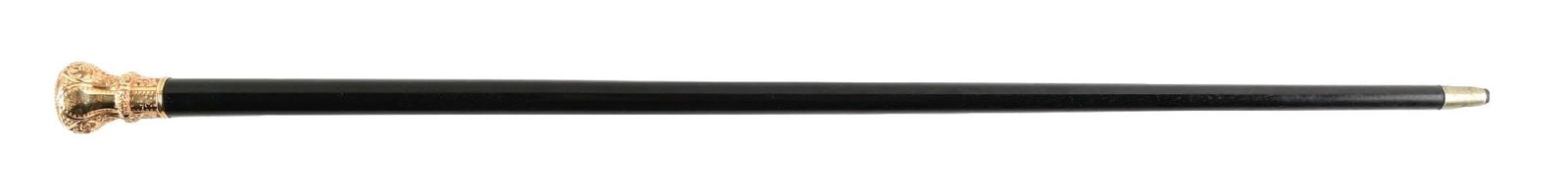 VINTAGE INITIALED TROPHY CANE W/ GOLD-FILLED KNOB AND EBONY SHAFT: C. 1887. Presentation walking cane featuring an engraved knob handle with ornate Victorian scrollwork and decorative banding, mounted to a black lacquered hardwood shaft. The top is engraved:
