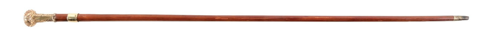 ANTIQUE WALKING STICK WITH GOLD-FILLED W/ FLORAL INLAY KNOB AND WOOD SHAFT (1 of 6)