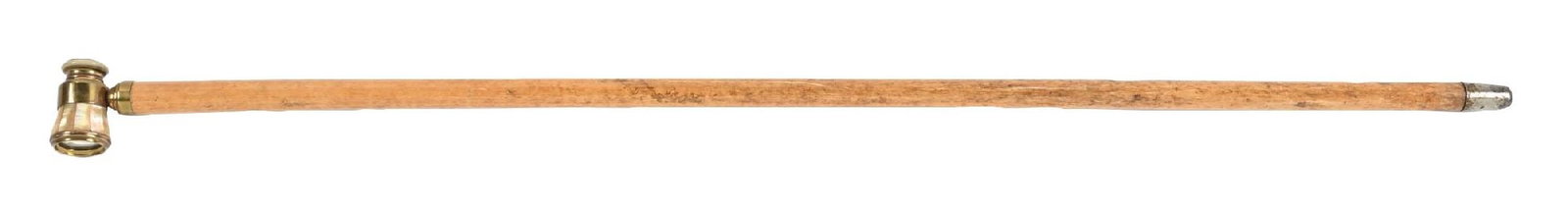 TELESCOPE CANE: C. 1800s. A striking optical (telescope) cane, featuring a small monocular set within the handle and accented with mother-of-pearl panels. Two of the panels exhibit notable chips and losses. One lens 