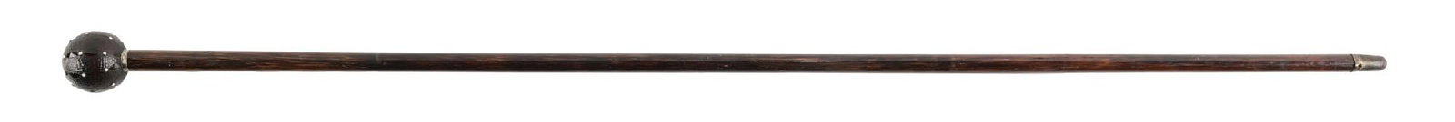 ANTIQUE WALKING STICK WITH BLACK TEXTURED ORB KNOB: C. 1880–1910. Decorative walking cane with carved spherical handle featuring applied pearlescent studs in a foliate pattern. The handle is mounted to a striped hardwood shaft, likely rosewood,