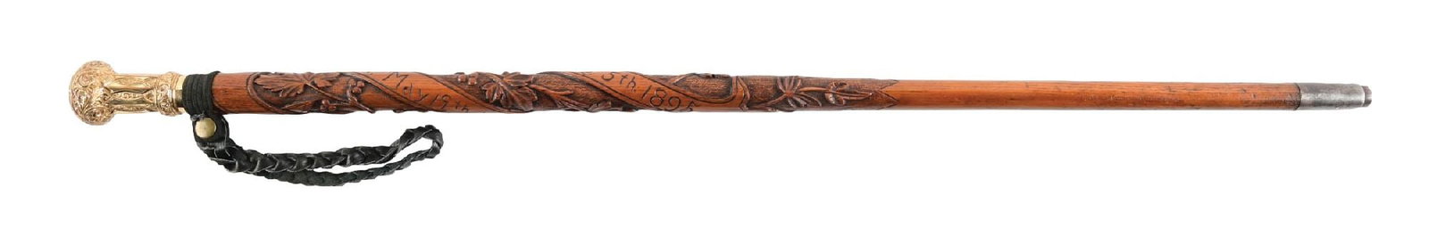 ANTIQUE CARVED SHAFT WALKING STICK WITH GOLD EMBOSSED HANDLE AND LEATHER WRIST STRAP (1 of 9)