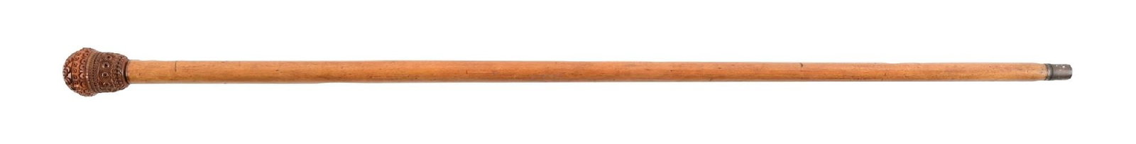 ANTIQUE WOODEN WALKING STICK WITH HAND CARVED SCREW-TOP POMANDER KNOB: C. 1880–1910. Chip-carved wooden walking cane with bulbous pommel handle decorated with dense geometric and circular carved ornamentation. The carved pommel transitions to a light-toned hardwood
