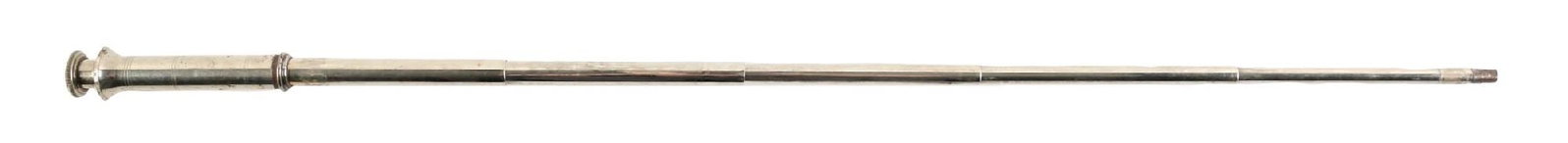 ANTIQUE METAL EXTENDIBLE GADGET WALKING STICK CANE: C. 1880–1910. Telescoping metal travel walking stick constructed in multiple extending sections, retaining a removable steel ground spike and separate metal protective cover. Plain, utilitarian