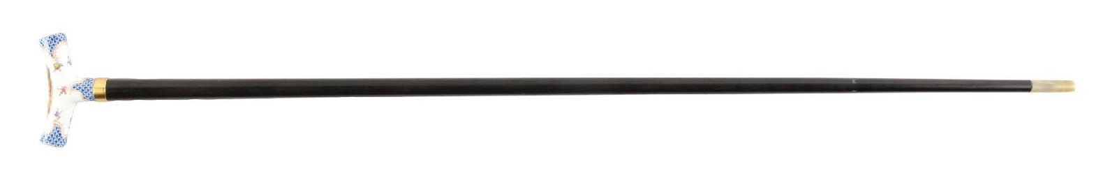 ANTIQUE CANE WITH T-SHAPED PORCELAIN HANDLE W/ PASTORAL SCENE AND EBONY SHAFT: C. 1880–1910. Porcelain T-handle walking cane featuring a hand-painted romantic courting scene framed by cobalt blue scale decoration with gilt accents, executed in the Rococo Revival style