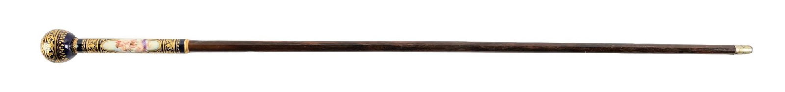 HAND-PAINTED & GILDED PORCELAIN DESIGN WALKING STICK: C. 1880–1910. Hand-painted porcelain portrait walking cane with cobalt blue ball handle featuring classical female portrait and raised gilt moriage-style decoration. Matching decorated
