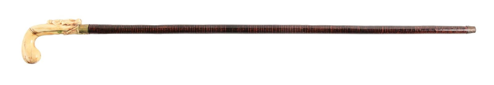 ANTIQUE WALKING CANE W/ CARVED FIGURAL HANDLE AND DARK STRIPPED SHAFT (1 of 5)