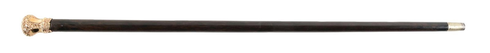 CHURCH PRESENTATIONAL CANE W/ GOLD-FILLED HANDLE AND DARK SHAFT: C. 1903. Presentation walking cane featuring an ornate gold-tone metal knob handle engraved: “July 8th 60 — Das B. Kennedy — From Knox Church — Sapperton B.C. —