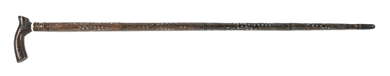 ORNATE COLLAPSABLE DRESS CANE: C. 1880s-1900. Ornate collapsible dress cane, unscrewing into four separate sections. The dark wood shaft and handle are decorated throughout with silver and gold floral designs. The cane features a