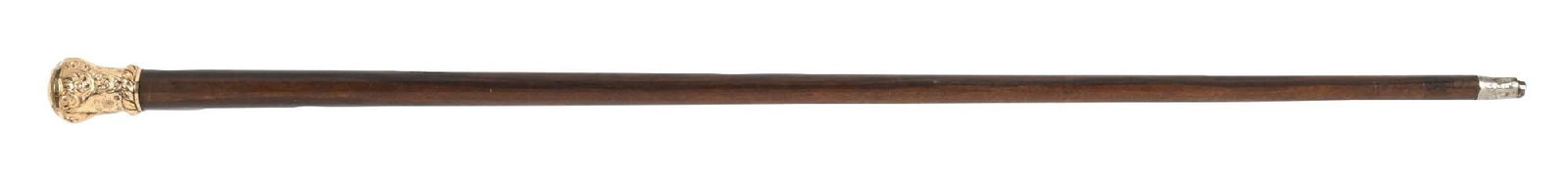 ANTIQUE GOLD KNOB DRESS CANE: C. 1900s. A neat early 20th century dress cane featuring a gold-toned metal top mounted on a mahogany shaft, terminating with a metal ferrule. The handle is monogrammed “JCC”. Overall grea