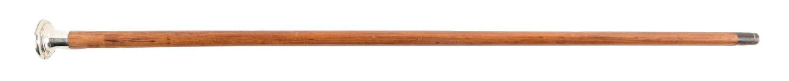 ANTIQUE WALKING STICK WITH WOODEN SHAFT AND SILVER ETCHED COMPACT TOP (1 of 6)
