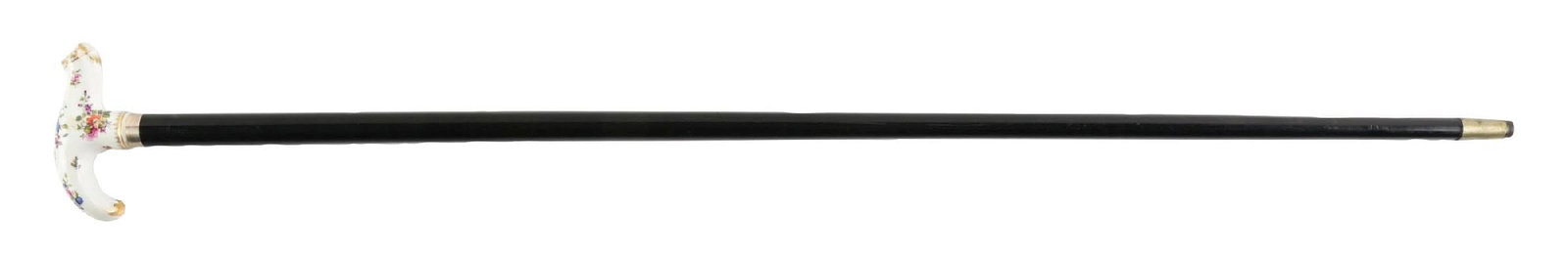 ANTIQUE WALKING CANE W/ PORCELAIN FLORAL HANDLE AND BLACK SHAFT: C. 1880–1910. Victorian porcelain crook handle walking cane with hand-painted floral decoration on a cream ground with gilt highlights. Mounted to a brass collar and black lacquered shaft.