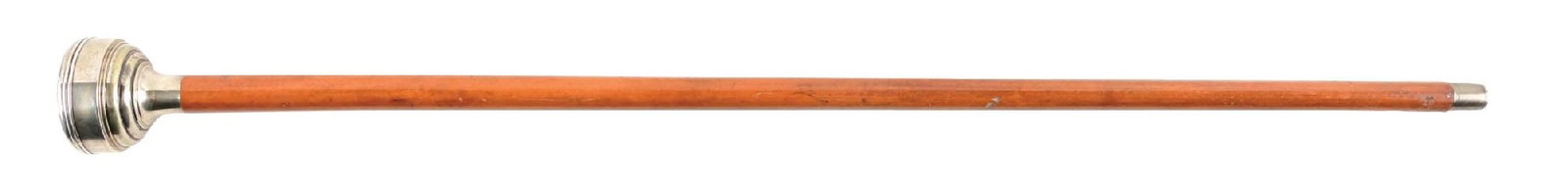 ANTIQUE WALKING STICK W/ LARGE INITIALED STERLING COMPACT HANDLE: C. 1880–1910. Silver-plated vanity powder cane featuring a hinged lidded compartment retaining the original powder puff, mounted to a hardwood shaft. Very good overall condition with light