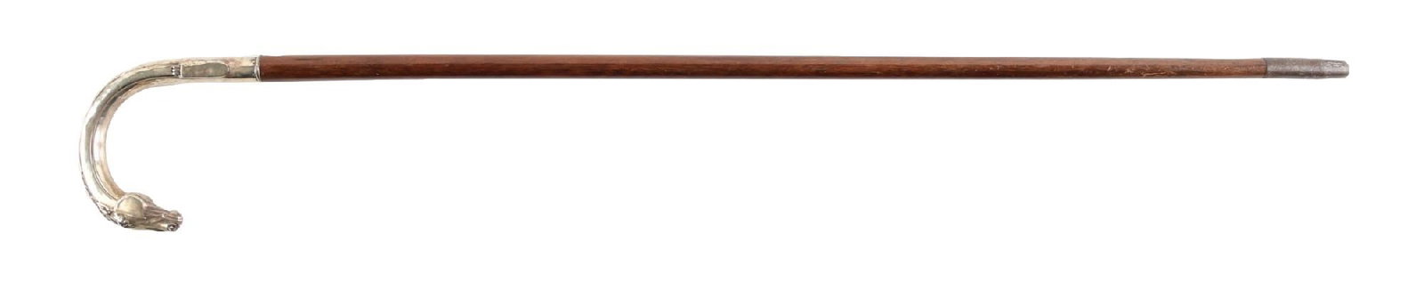 ANTIQUE WALKING CANE WITH .900 SILVER CARVED HORSE HEAD HANDLE: C. 1890–1915. Figural walking cane featuring a .900 silver crook handle in the form of a horse head. Mounted to a hardwood shaft with a straight tapered form. Very good overall with typical