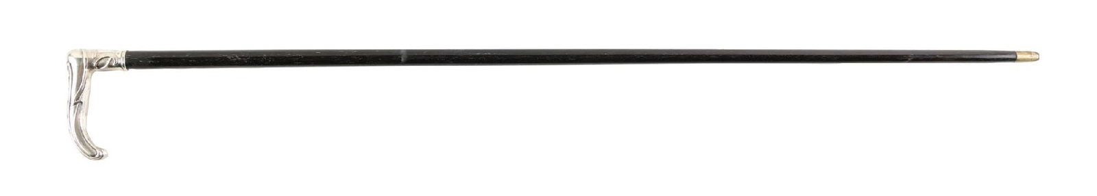 ANTIQUE WALKING CANE W/ SILVER HALLMARKED HANDLE AND EBONY SHAFT: C. 1890–1910. Figural walking cane featuring a silver crook handle in an Art Nouveau organic form. The handle bears a figural hallmark, likely Austrian or German and probably .800 silver.