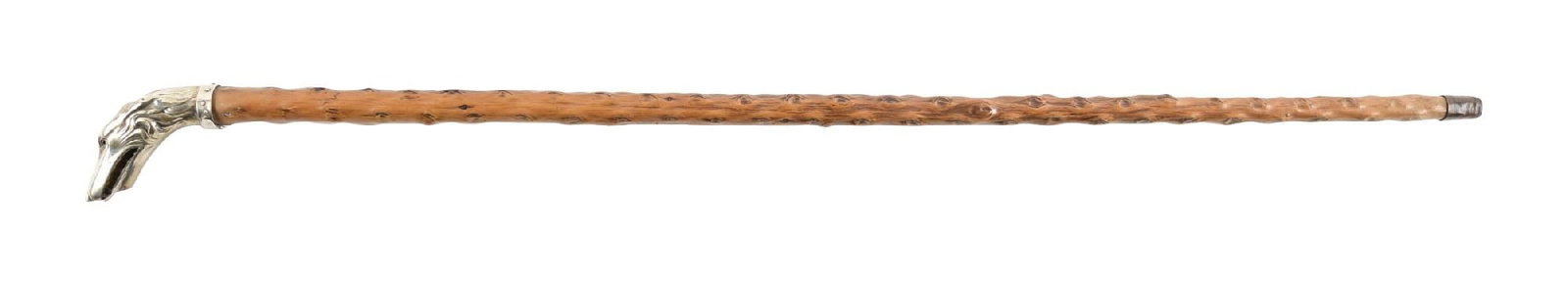 SILVER CARVED DOG'S HEAD W/ GLASS EYES WALKING CANE WITH WOOD SHAFT: C. 1880–1920. Figural walking cane featuring a silver-toned metal handle in the form of a greyhound head with open mouth, with inset glass eyes and well-defined modeling. The handle has a