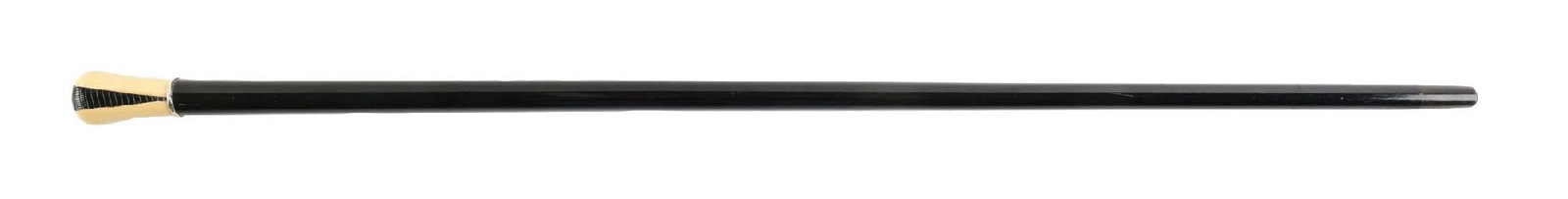 ANTIQUE WALKING STICK W/ TWO-TONE HANDLE AND POLISHED BLACK WOOD SHAFT: C. 1890–1915. Walking cane featuring a bone handle with inset reptile skin like panel, mounted to a sterling silver collar and fitted to a black lacquered hardwood shaft, likely ebonized